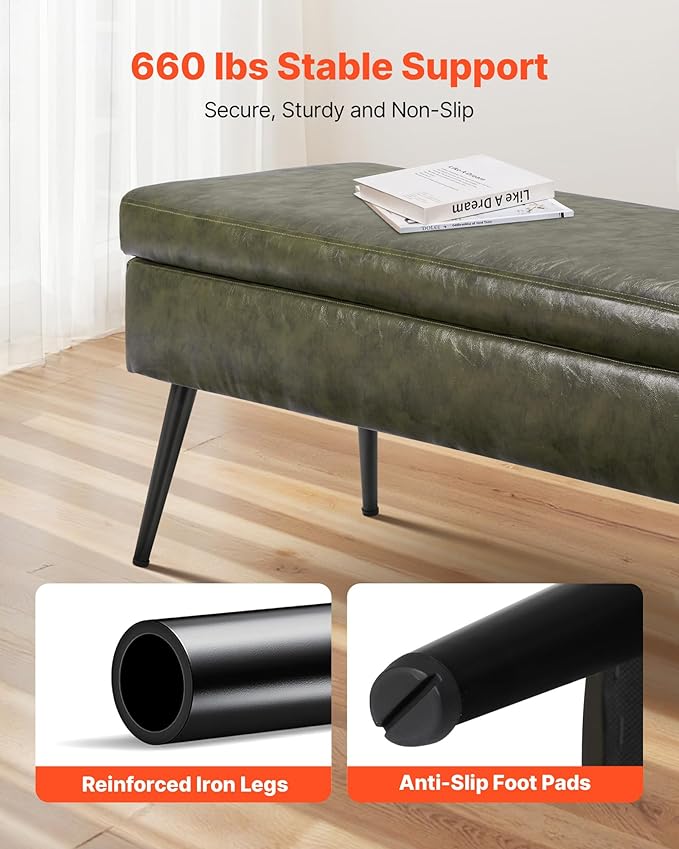VEVOR Leather Storage Ottoman Bench, PU Leather Bench with Storage and Metal Legs, Modern Shoe Benches Seat for Entryway, Upholstered End of Bed Benches for Living Room, Dining Room, Hallway, Green