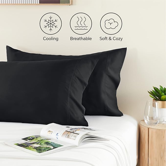 BEDELITE Pillow Cases Standard Size Set of 2, Rayon Derived from Bamboo, Cooling Pillow Cases for Hot Sleepers & Night Sweats, Breathable and Silky Soft Envelope Pillowcases(Black, 20"x26")