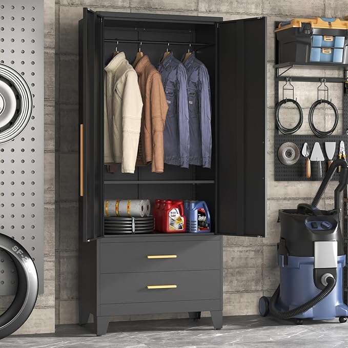 75.3" Tall Metal Wardrobe Closet - Large Clothing Storage Cabinet with 1 Hanging Rod, 1 Adjustable Shelve, 2 Drawers & 2 Doors - Closet Organizer for Bedroom, Office, Laundry Room, Garage - Black