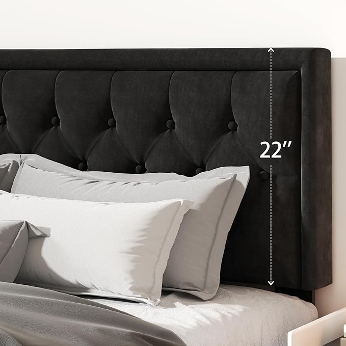 CXVX King Size Platform Bed Frame with Upholstered Velvet Button Tufted Headboard, Mattress Foundation with Wooden Slat Support, No Box Spring Needed, Easy Assembly, Noise Free, Black.
