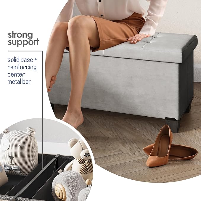Storage Ottoman Bench with Bins, 43-in Storage Bench for Bedroom End of Bed, Folding Foot Rest Ottoman for Living Room Max 660lbs, Velvet Ottomans, Light Grey