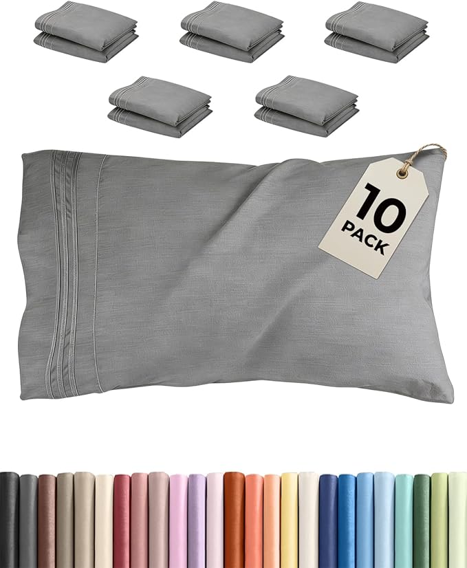 King Pillow Cases Set of 10 - Ultra Soft Hotel Quality Pillowcase Covers - Comfy & Wrinkle Free - Shrink, Stain and Fade Resistant - Machine Washable Pillow Protectors - 10 Piece Set - Heathered Grey