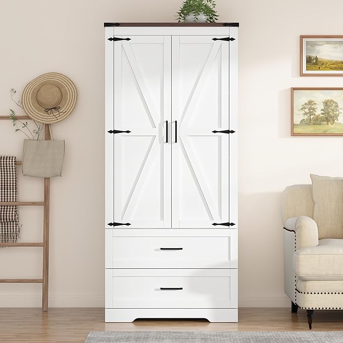 St.Mandyu Farmhouse Wardrobe Armoire Closet with 2 Doors and 2 Drawers, 70.1" Wooden Clothing Storage Cabinet, Freestanding Large Capacity Storage Wardrobe Armoire with Hanging Rod for Bedroom, White