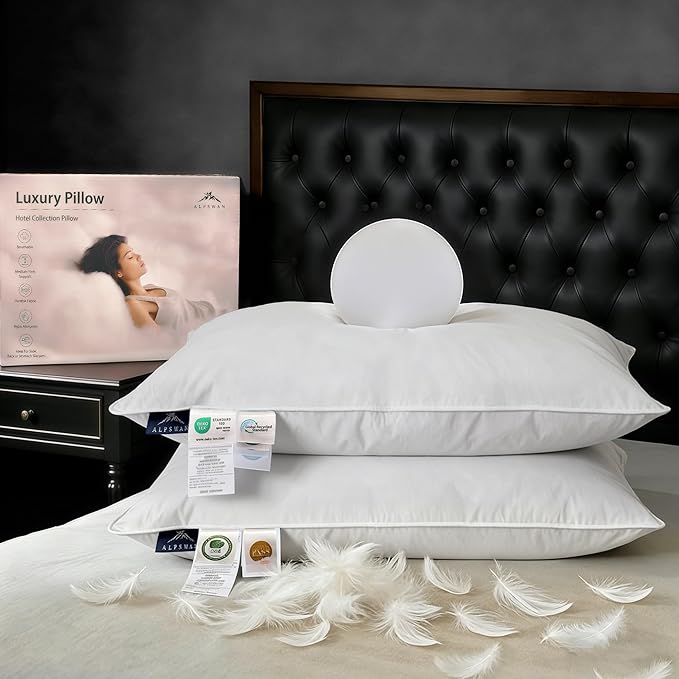 Goose Down Pillow, Hotel Quality with Feather Fill, 750 Fill Power King Size - 2 Pack with Pillowcase for Master Bedroom, Support for Back, Side, Stomach Sleepers (King 20" x 36")