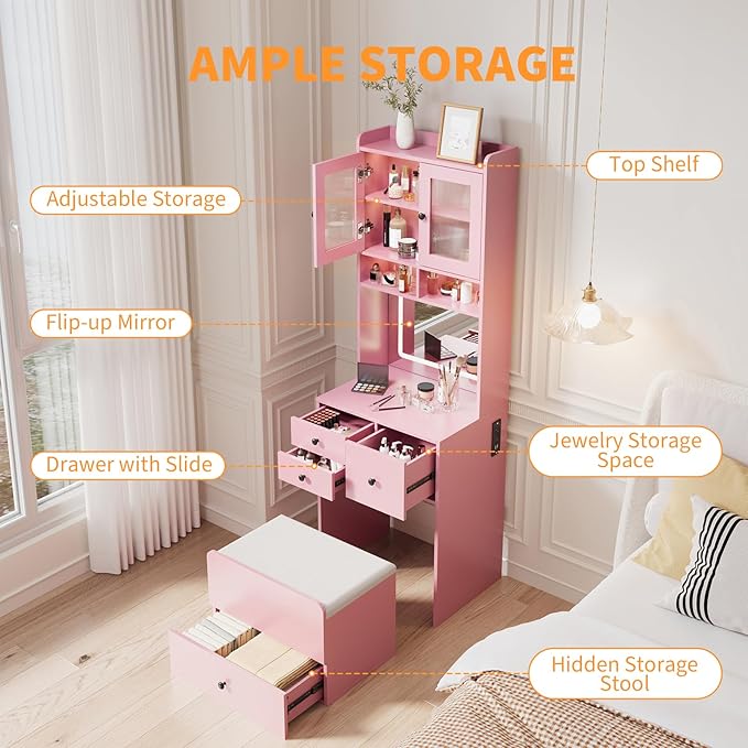 GarveeLife Compact Vanity, Make Up Vanity Desk with Mirror and Lights, White Vanity Table Set with Charger Station,Girls Small Vanity and Storage Chair