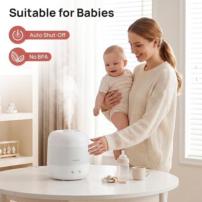 Clarston Humidifiers for Bedroom, 2L Top Fill with 360° Nozzle for Large Room, 7-Color Night Light, 24dB Quiet Cool Mist Air Humidifier for Baby Nursery & Plants, No BPA, Auto Shut Off, Easy to Clean
