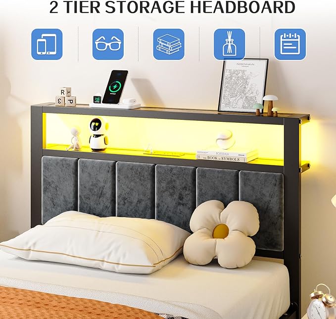 Liians Twin Size Platform Bed Frame with LED Lights, Grey Upholstered Headboard with 2-Tier Storage Shelves, Charging Station, Noise Free, No Box Spring Needed, Easy Assemably