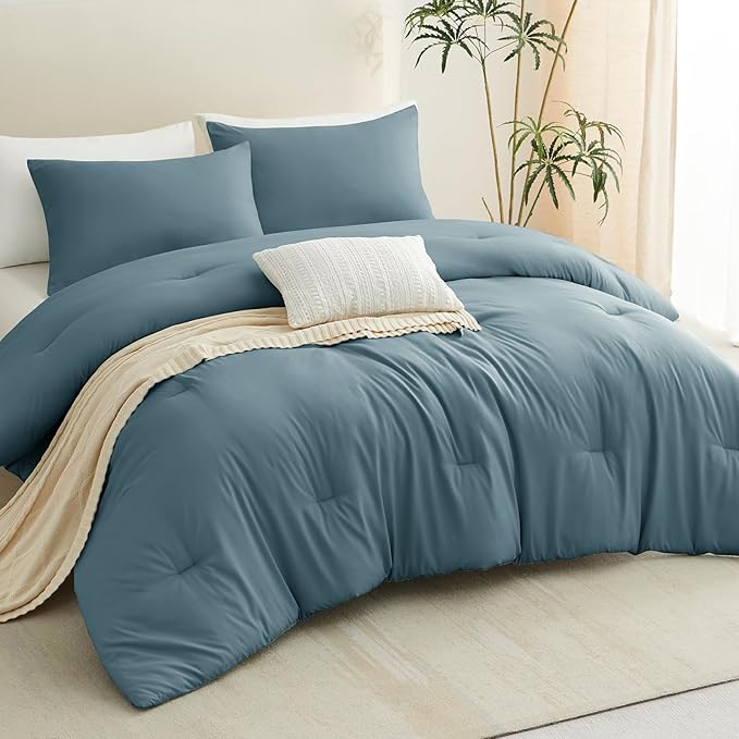 CozyLux Queen Comforter Set Mineral Blue, 3 Pieces Solid Comforters Queen Size Breathable Bedding Sets, Luxury Soft Lightweight Bed Set with Down Alternative Comforter and 2 Pillowcases All Seasons