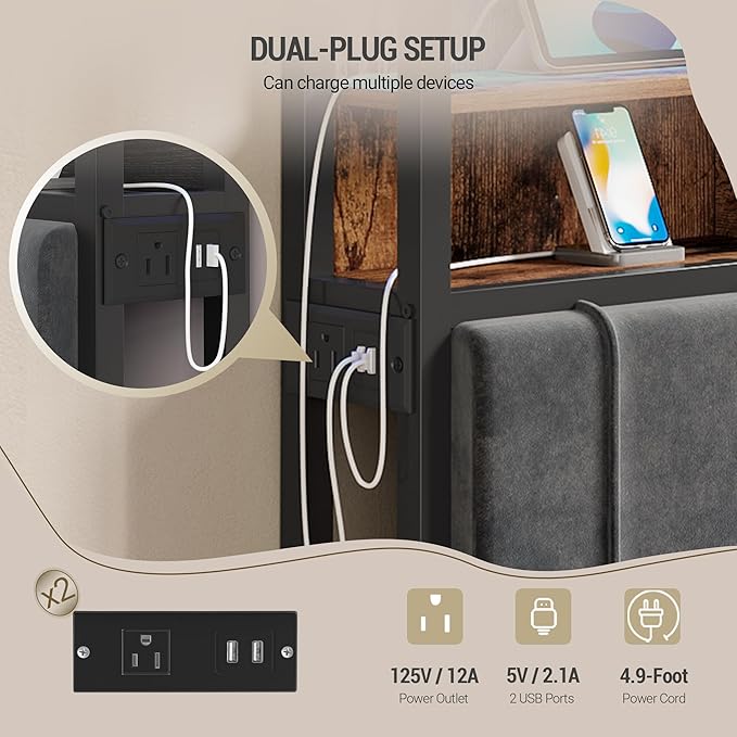 Hzuaneri Headboard with 3-Tier Storage Shelves, Velvet Upholstered Head Board with 2 Outlets, USB Ports & LED Light, Soft Backrest for Full Size Bed, Rustic Brown and Black BH13801B