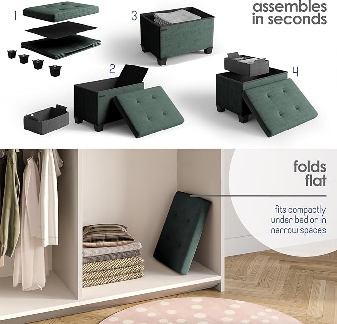 Storage Ottoman Cube with Small Bin, 16-in Square Ottoman with Storage for Living Room and Bedroom, Small Ottomans Foot Rest, Velvet Foot Stools Ottomans Max 330lbs, Green