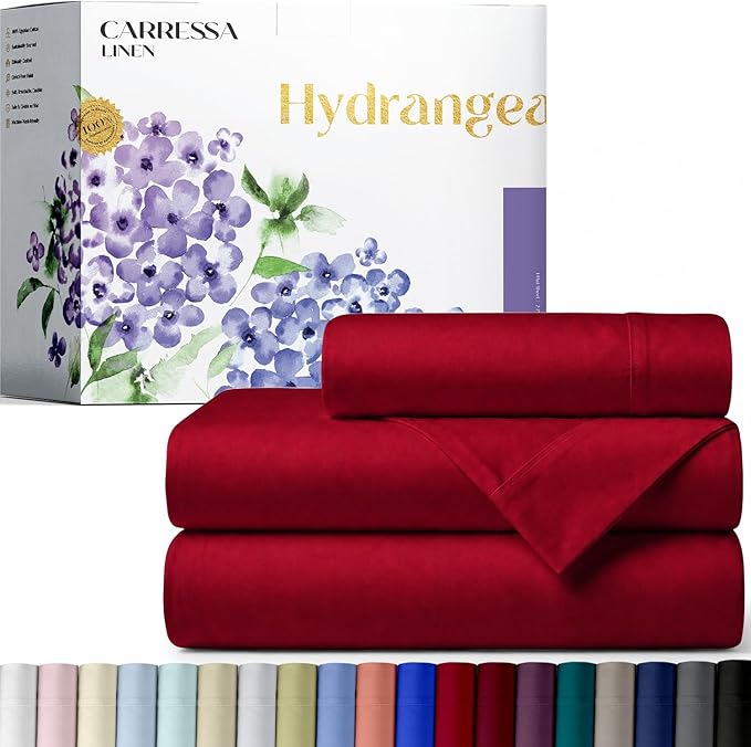 Carressa Linen 100% Egyptian Cotton Twin Sheets Set - 600 Series Hydrangeas Collection Egyptian Cotton Luxury Twin Sheets (3 PC, Red), 16" Deep Pocket, Soft, Cooling, Sateen Weave Bedding