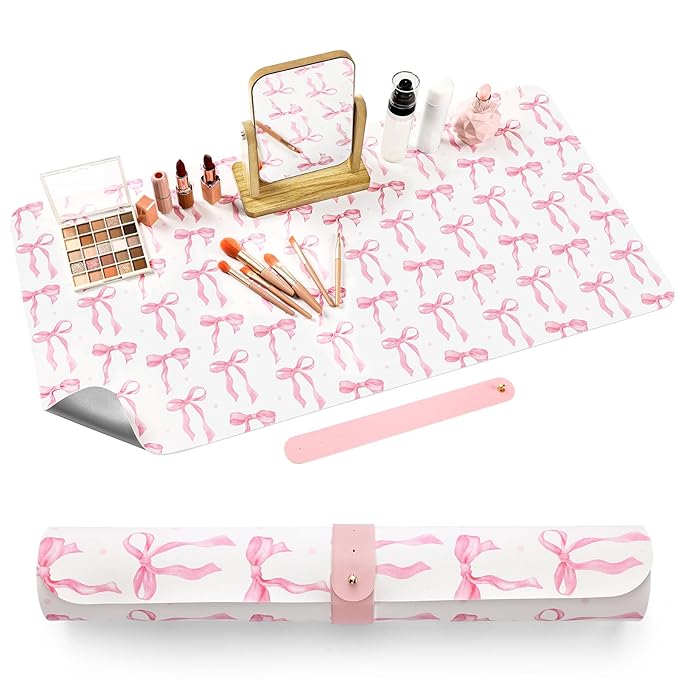 Teenyyou Coquette Bow Makeup Mat for Vanity Top Protector Graduation Gift Dual Side Leather Desk Mouse Pad Girly Waterproof Nonstick Dressing Accessories for Women Home Office(Pink,15.7"x31.5")