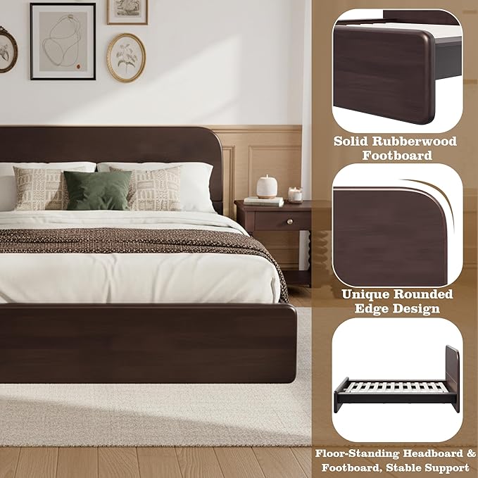 Merax Walnut King Size Platform Bed Frame, Modern Minimalist Wood Bed Frame with Rounded Headboard, Heavy Duty 800 lbs Support, No Box Spring Needed