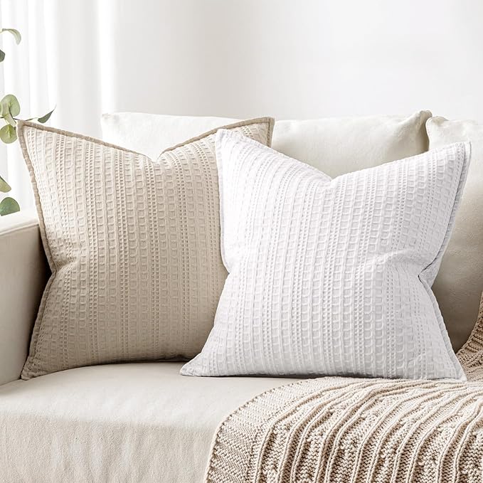 Set of 2 Decorative 100% Cotton Waffle Throw Pillow Covers 18x18, Neutral Euro Shams Weave European Cushion Cases for Couch Sofa Bed Modern Farmhouse Home Decor, White