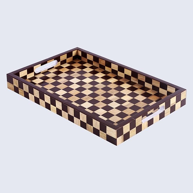 Handicrafts Home Checkered Decorative Tray 11x17 Inch, Handmade Resin Inlay Ottoman Tray, Coffee Table Centerpiece, Modern Wood Serving Tray, Brown Geometric Home Décor