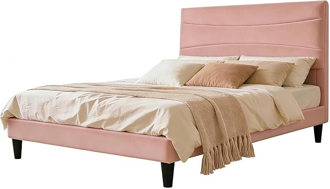 IDEALHOUSE Twin XL Upholstered Platform Bed Frame with Ergonomic Headboard, Beige Soft Fabric, Heavy Duty Wooden Slats, Noise-Free, 6.3" Underbed Storage, No Box Spring Needed, Easy Assembly