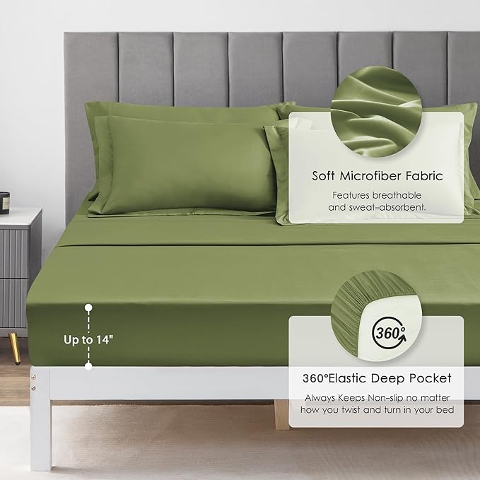 Love's cabin Queen Comforter Set Olive Green, 7 Pieces Queen Bed in a Bag, All Season Bedding Sets with 1 Comforter, 1 Flat Sheet, 1 Fitted Sheet, 2 Pillowcase and 2 Pillow Sham | Soft, Breathable, Lightweight, Comfortable