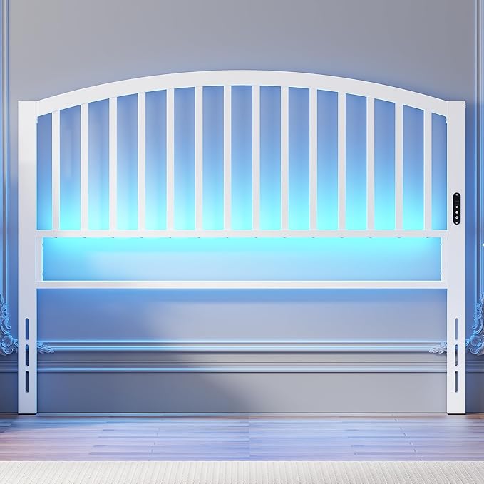 Weehom Queen Headboard with Led Lights, Farmhouse Vintage Style Metal Headboard Queen Size, Modern Freestanding White Headboard Only for Bedroom