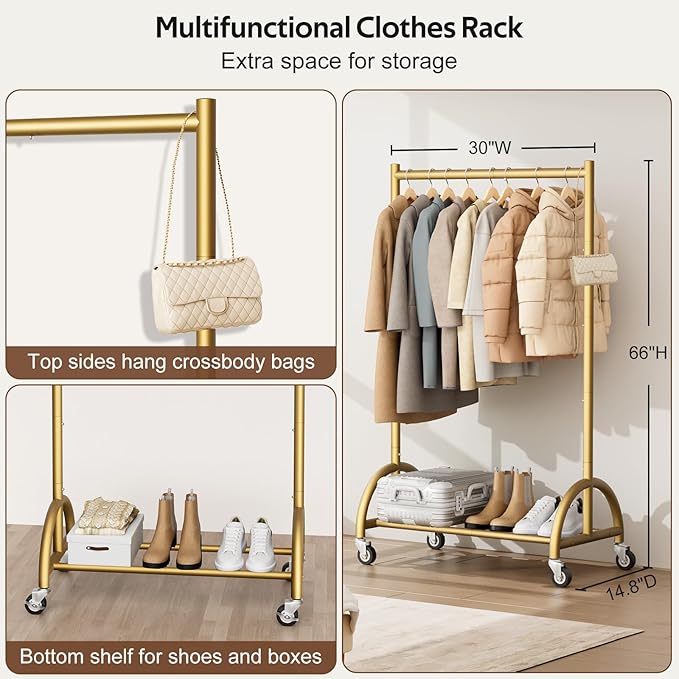 MISSLO Heavy Duty Clothing Rack with Wheels Rolling Clothes Racks for Hanging Clothes, Coats, Garment, Dress, Gold, 30" W