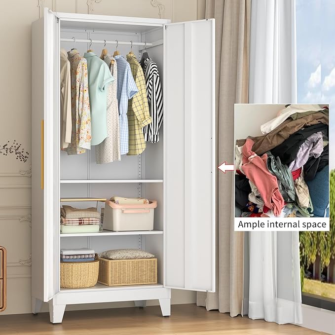 72" Tall Metal Armoire Wardrobe Closet - Large Clothing Storage Cabinet with 1 Hanging Rod,2 Adjustable Shelves & 2 Doors - Closet Organizer for Bedroom,Office, Laundry Room, Garage - White