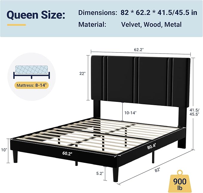Allewie Queen Platform Bed Frame with Adjustable Headboard, Plush Velvet Upholstered, Vertical Channel Tufted, Sturdy Wooden Slats, No Box Spring Needed, Easy Assembly, Black