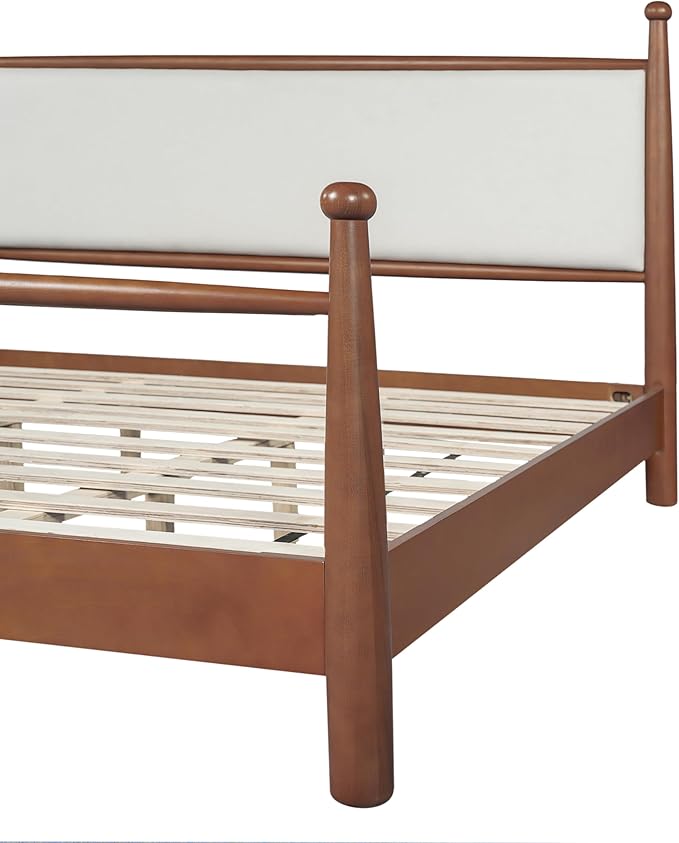 Merax Modern Queen Size Solid Wood Platform Bed with Upholstered Headboard, Mid-Century Low Bed Frame with Sturdy Wood Legs/No Box Spring Needed/Easy Assembly, Beige+Walnut