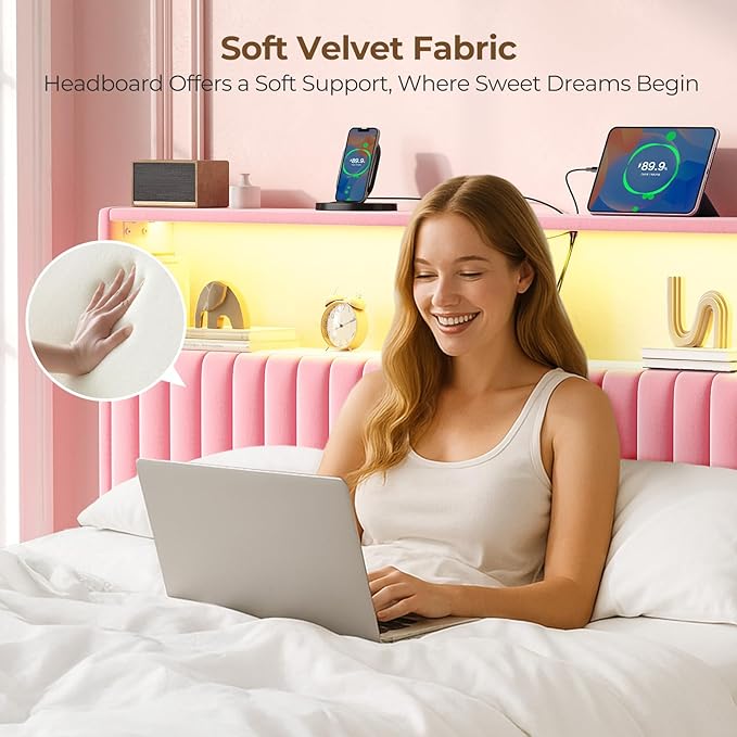 Rolanstar Headboard for Full Size Bed with Storage, Head Board with USB & Type C Port, 60,000 DIY Color of LED Light, Velvet Upholstered, Height Adjustable, Sturdy, Easy Assembly, Pink