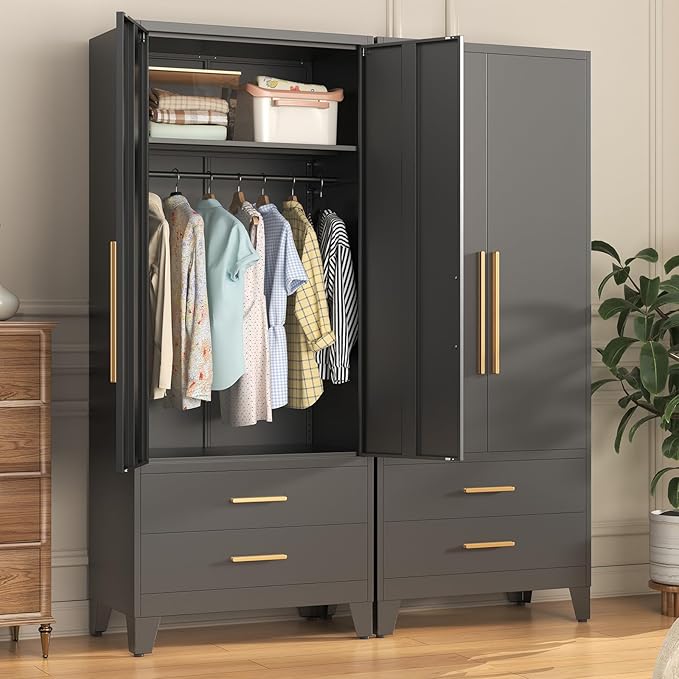 75.3" Tall Metal Wardrobe Closet - Large Clothing Storage Cabinet with 1 Hanging Rod, 1 Adjustable Shelve, 2 Drawers & 2 Doors - Closet Organizer for Bedroom, Office, Laundry Room, Garage - Black