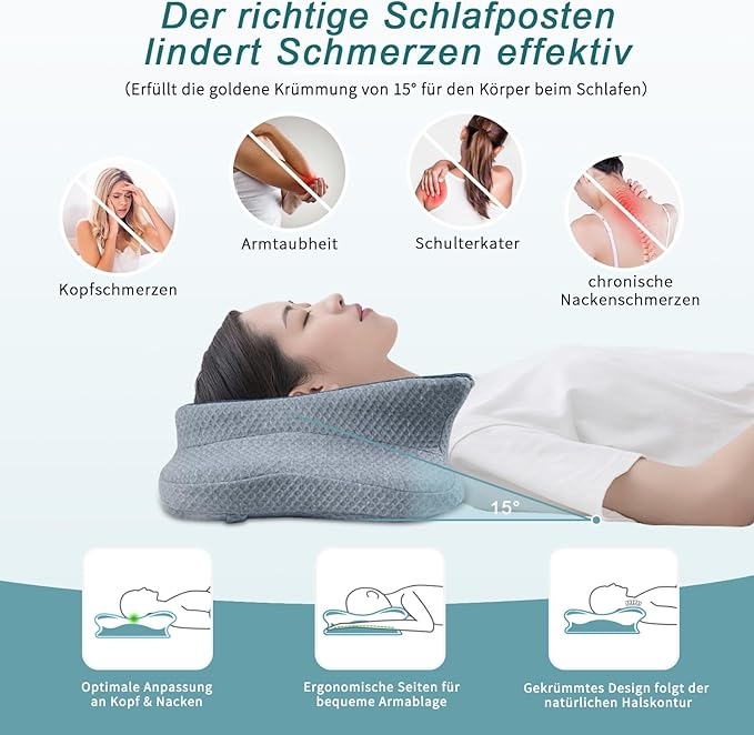 CHxxy Cervical Neck Pillow for Pain Relief Sleeping, Memory Foam Pillows, Ergonomic Side Sleeper Pillows, Cooling Orthopedic Neck Support Pillow for Back Stomach Sleepers-Queen Size Blue&Grey
