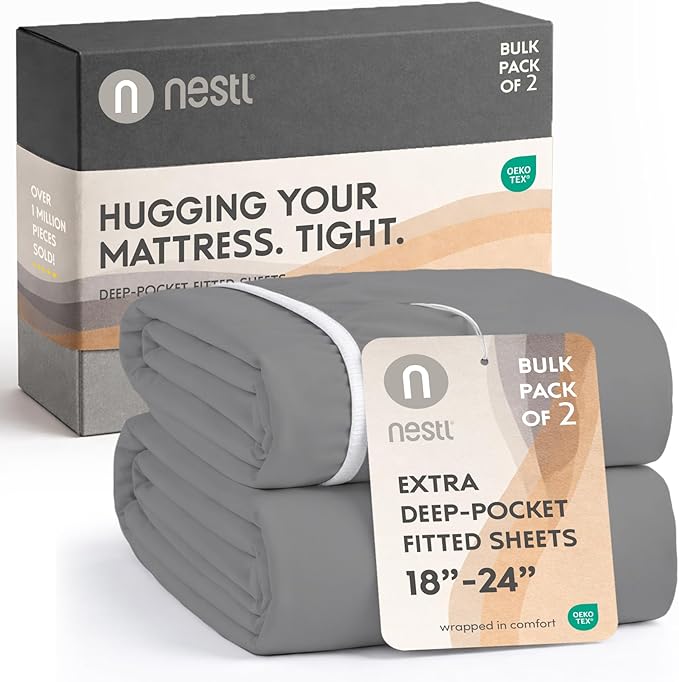 Nestl 2 Pack Grey Fitted Sheet Extra Deep Pocket, Hotel Luxury FullFitted Sheet Only Easily Fits 18 to 24 Inch Mattress, Super Soft, Wrinkle-Free and Breathable with Corner Straps