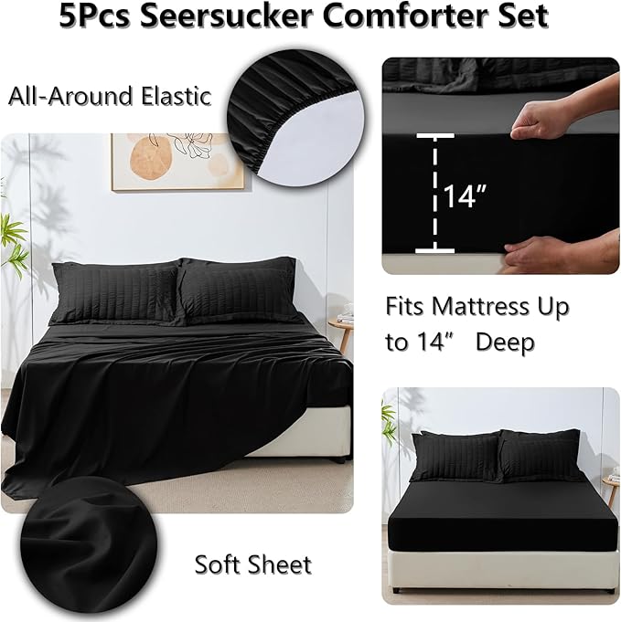 CozyLux Twin Comforter Set with Sheets 5 Pieces, Black Seersucker Textured Bed in a Bag for Bedroom, Luxury Soft Bedding Sets with Down Alternative Comforter, Sheets, Pillowcase & Sham for All Seasons