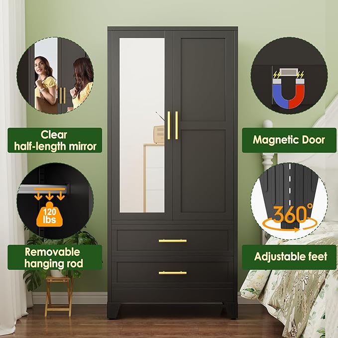 winiowa Metal Armoire Wardrobe Closet with 2 Drawers, 71" Wardrobe Cabinet with Adjustable Shelves and Hanging Rod, Clothing Storage Cabinet Closet with Mirror for Bedroom-Black
