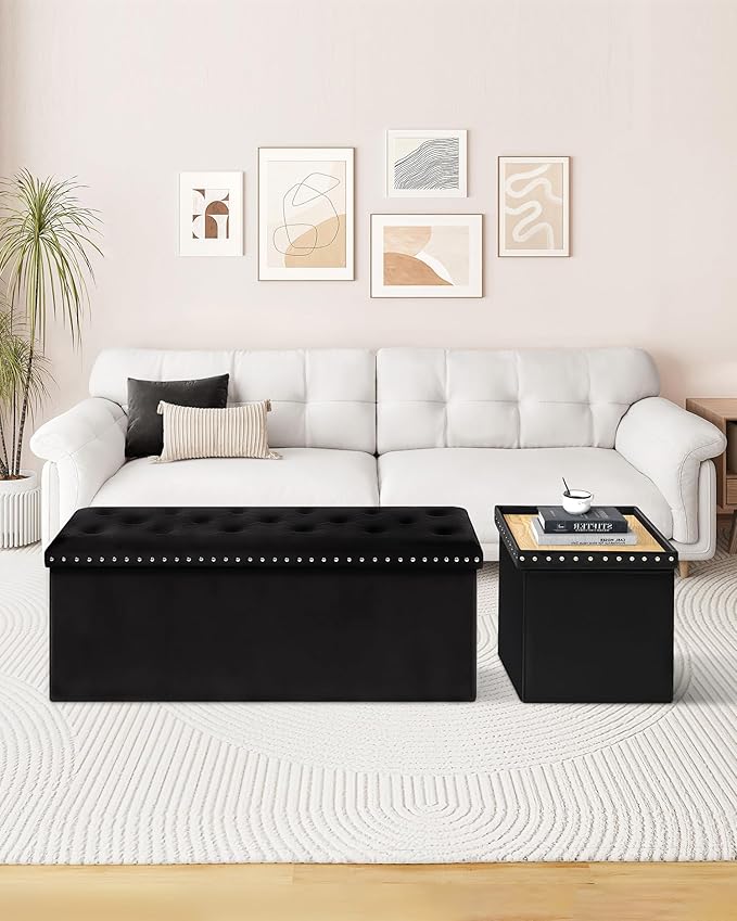 B FSOBEIIALEO Storage Ottoman Bench, Folding Tufted Ottomans with Storage, Extra Large 140L Storage Boxes Footrest Bench for Bedroom, Luxury Velvet Fabric 43 Inches Black