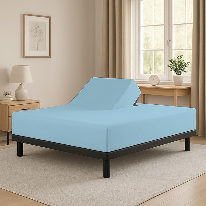 Cottingon 1 Piece Top Split King Fitted Sheet Only for Adjustable beds, Premium 100% Egyptian Cotton, 34 Inches Half Split Flex Head Bottom Sheet for Sleep Number Beds 16" Deep Mattress, Light Blue