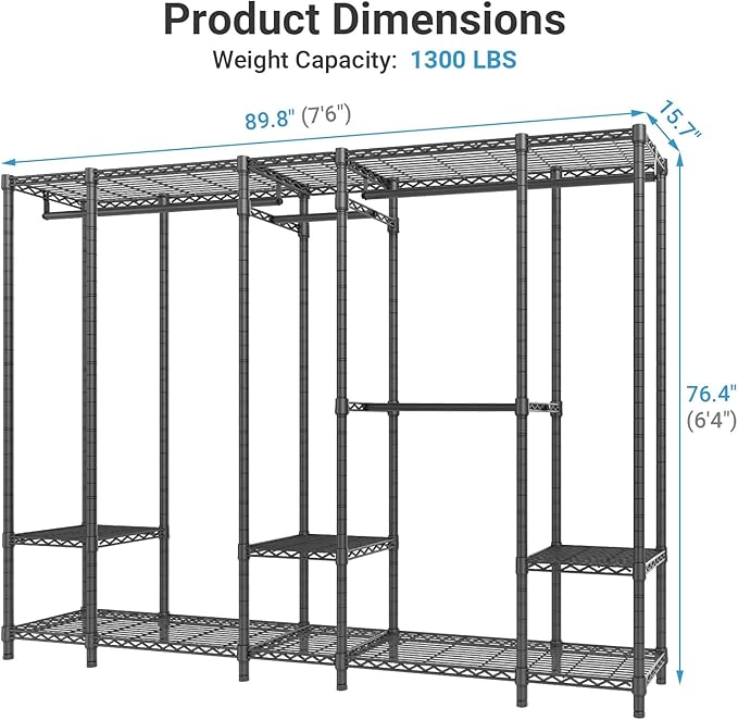 VIPEK V50 Heavy Duty Clothes Rack, Extra Large Freestanding Garment Rack with Adjustable Shelves, Open Closet Storage System for Bedroom, Reach-in/Walk-in Closet, 1300 lbs Capacity, Black