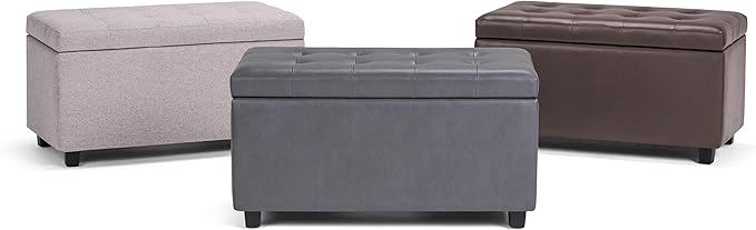 SIMPLIHOME Cosmopolitan Storage Ottoman - 34 inch Wide Upholstered Vegan Leather Rectangle Storage Ottoman Bench in Stone Grey, Transitional Tufted Ottoman for Living Room or Entryway with Lift-Up Lid