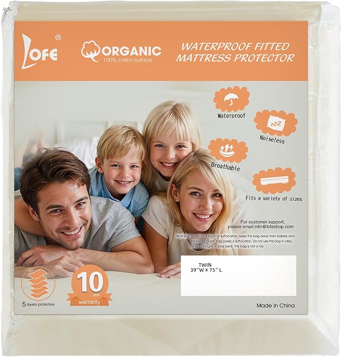 Organic Cotton Twin Mattress Protector - Top&Side 100% Waterproof Mattress Protector, Breathable Organic Mattress Protectors, Noiseless Twin Mattress Protectors Waterproof 75x39x17 in