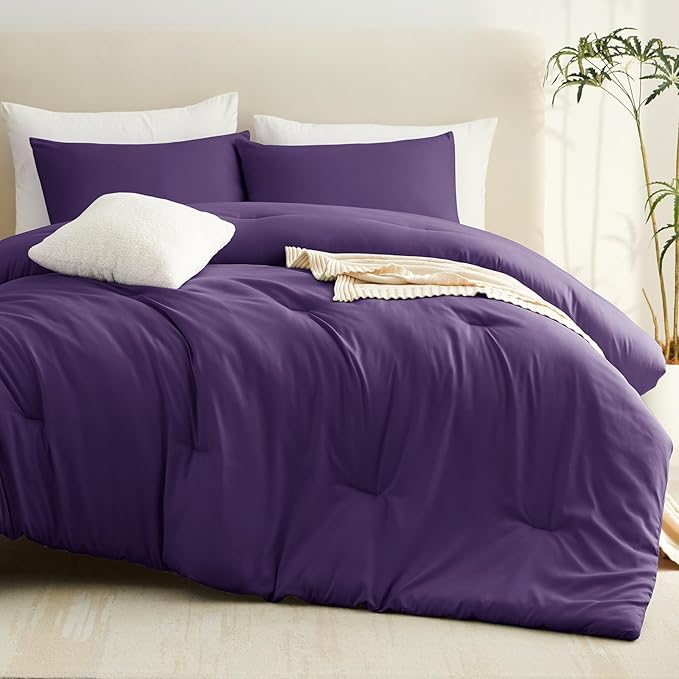 CozyLux Twin Comforter Set Purple, 2 Pieces Twin Extra Long Solid Breathable Bedding Sets for College Dorm, Twin XL Luxury Soft Bed Set with Down Alternative Comforter and 1 Pillowcase All Seasons