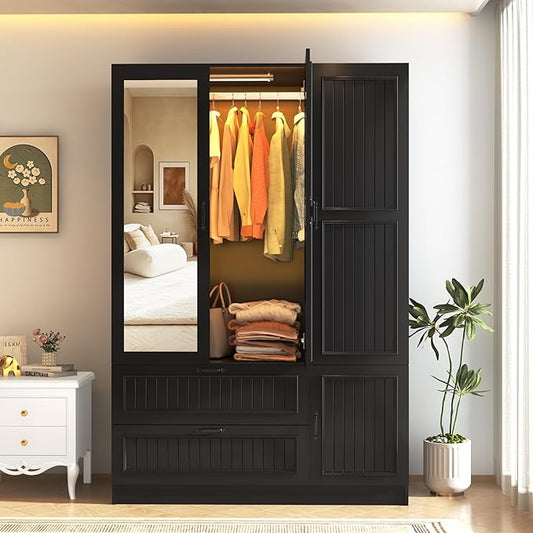 Squireewo Vertical Grooved Style 3 Doors Wardrobe Closet Armoire with Mirrors and LED Lights, 70.3" H Modern Wooden Bedroom Armoires with 2 Drawers, Large Capacity Freestanding Armoire, Black
