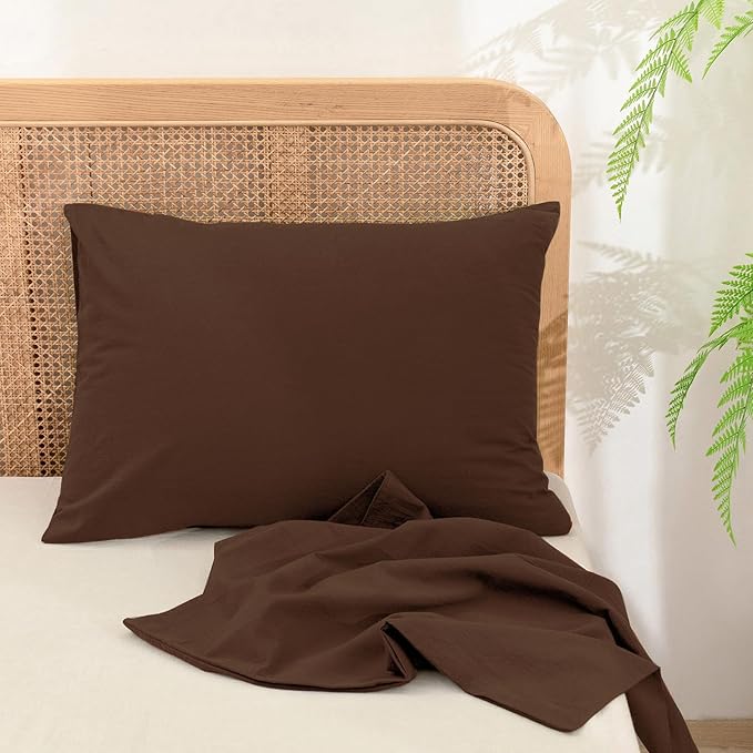 BESTOUCH 100% Washed Cotton Pillowcase for Hair and Skin Linen Feel Soft Comfortable Breathable 2 Set Pillow Case with Envelope Closure Solid Cocoa Brown Standard 20x26 Inches