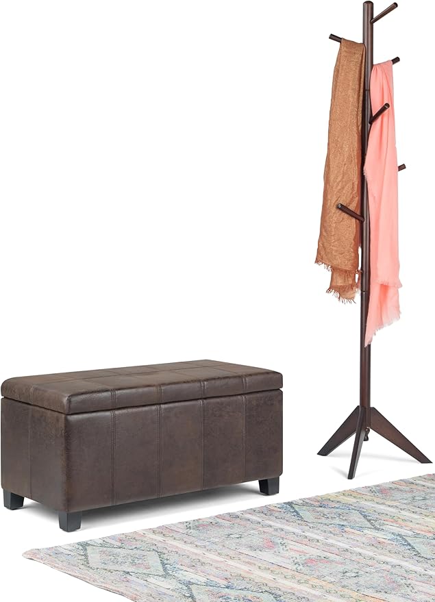 SIMPLIHOME Dover Storage Ottoman Bench - 36 inch Wide Upholstered Vegan Leather Rectangular Lift-Top Ottoman in Distressed Brown, Contemporary Bench for Living Room with Safety Hinges
