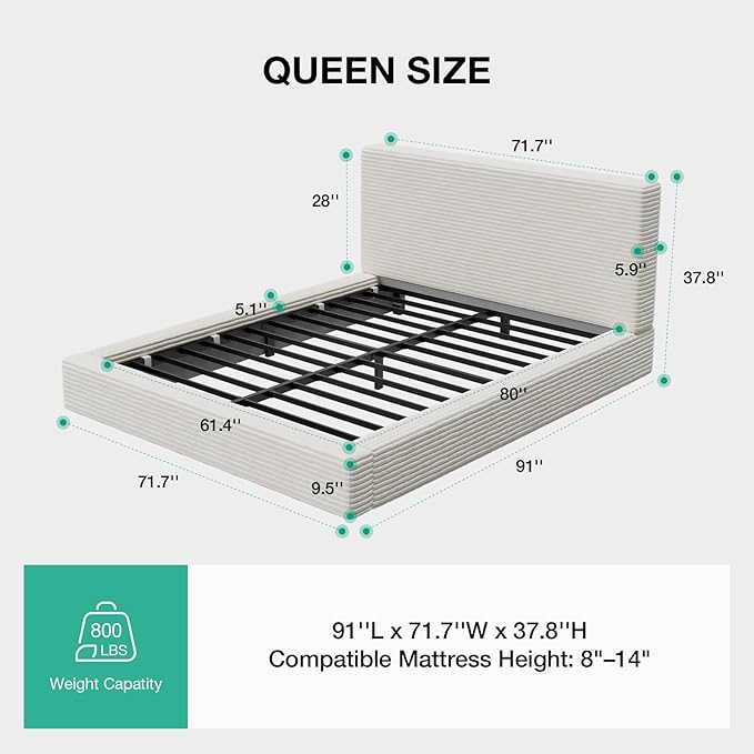 Novilla Queen Size Bed Frame, Plush CloudSoft Bed, Corduroy Upholstered Platform Bed Frame with Headboard, Easy Assembly, No Box Spring Needed, Modern Soft Bed Frame, White