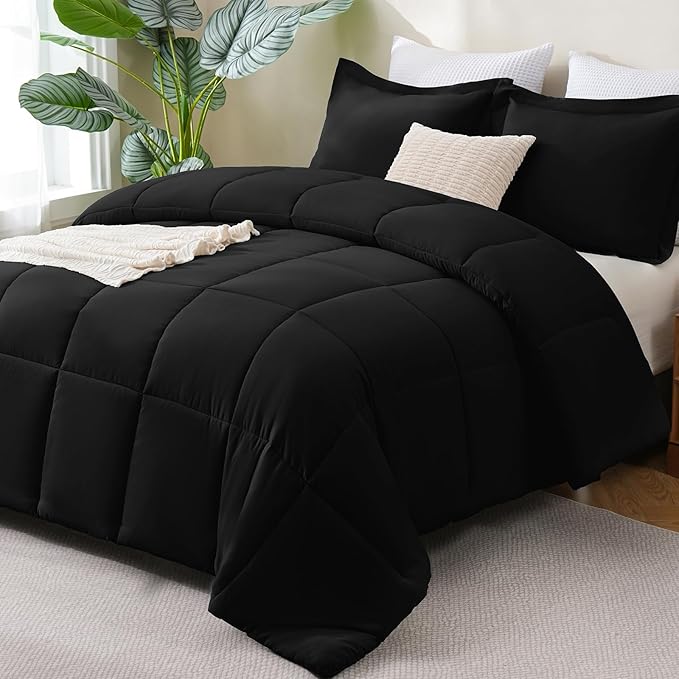 CozyLux California King Comforter Set Black - 270GSM Cal King Bedding Sets for All Seasons, 3 Pieces Box Stitched Bed Set with 1 Down Alternative Comforter and 2 Pillow Shams, Soft, Lightweight