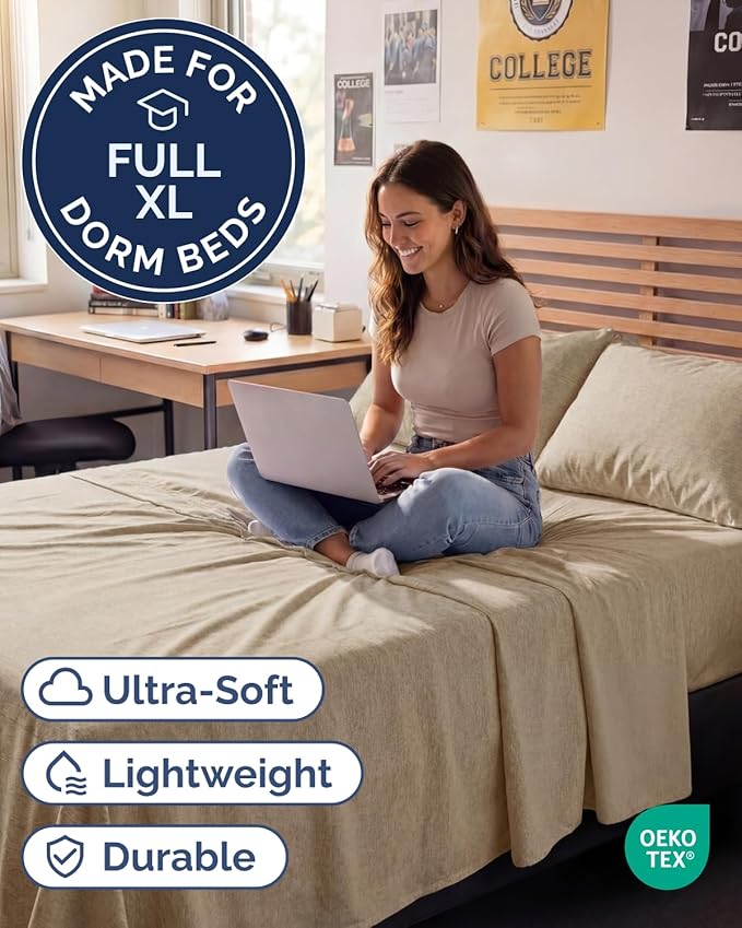 Full XL Bed Sheet - 4 Piece Full XL Bed Sheets Set - Ultra-Soft, Breathable & Cooling - Hotel Luxury Bedding for Women & Men w/ Deep Pockets - Wrinkle Free & Fade Resistant - Oeko-Tex - Heathered Tan