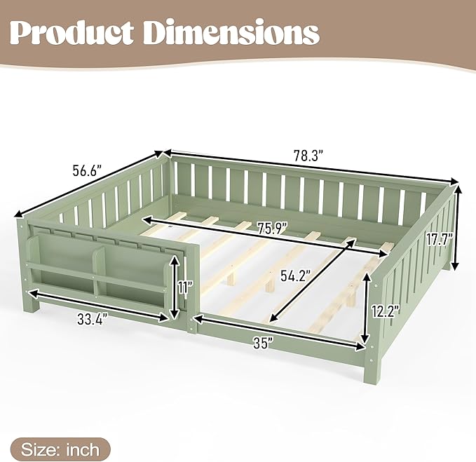 Bellemave Full Size Floor Bed Frame with Fence & Bookshelf, Solid Pinewood Montessori Floor Bed Full with Slats Load 550LBS, Low Profile Floor Bed for Kids, Bedroom, Nursery, Easy Assembly, Green