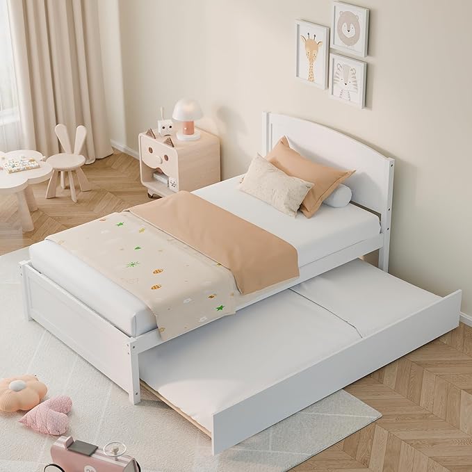Xilingol Trundle Bed Twin, Solid Wood Bed Frames with Headboard and Wooden Slats Support, Twin Trundle Bed Frame Roll Out, Single Box (No Box Spring Needed), White