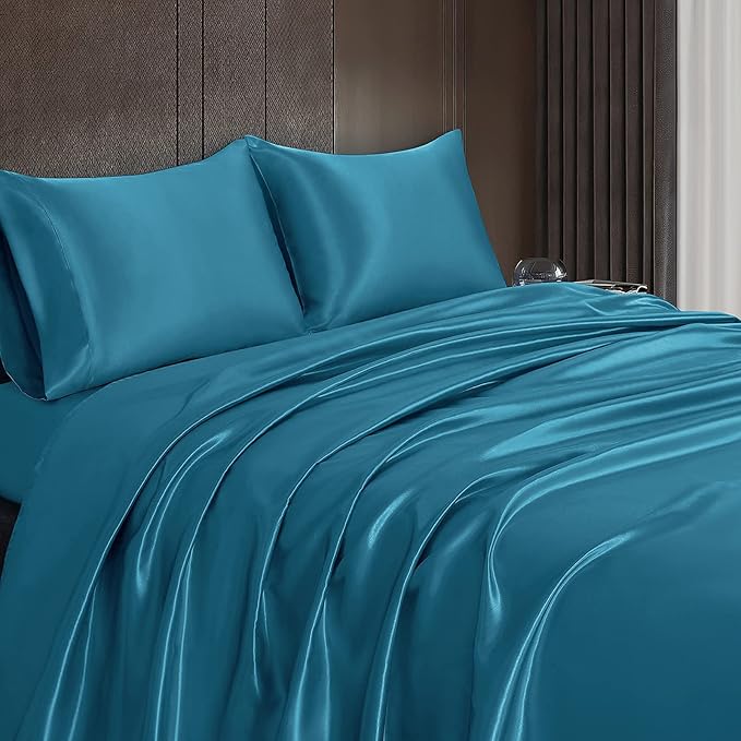 Homiest 4pcs Satin Sheets Set Luxury Silky Satin Bedding Set with Deep Pocket 1 Fitted Sheet + 1 Flat Sheet + 2 Pillowcases (King Size, Lake Blue)
