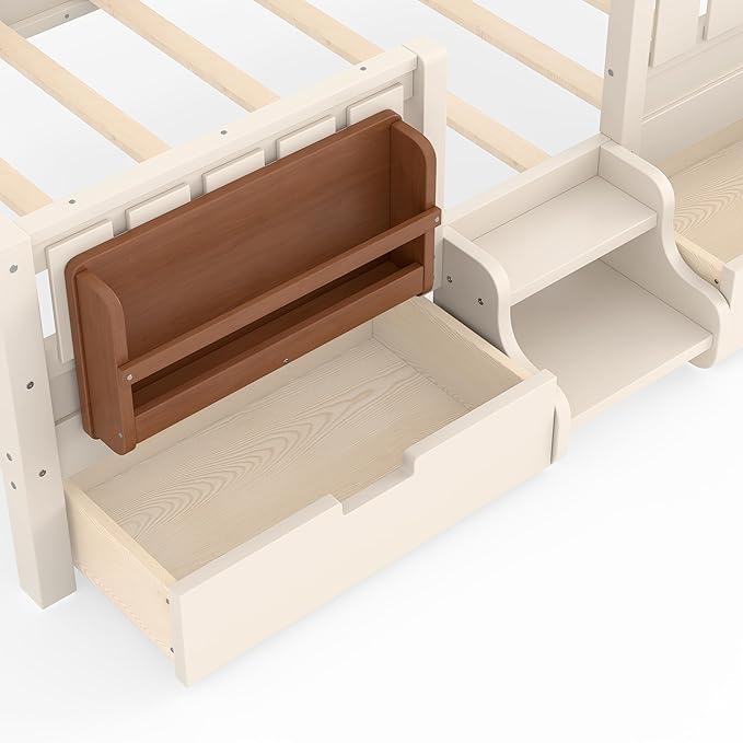 Bellemave Twin Bed with Storage Drawers & Bookshelf, Low Profile Kids Bed Frame with Staircase & Full Length Guardrails, Solid Wood Twin Bed for Kids with Slats Load 300LBS, Easy Assembly, Beige