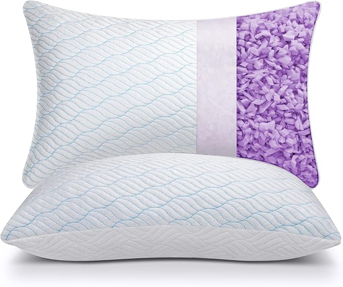WISHSMILE Cooling Shredded Memory Foam Pillows for Sleeping Cool Cold Pillow Standard Size Set of 2 with Zipper, Adjustable Firmness to Hot, Side, Back and Stomach Sleepers, 2 Pack, 20x26