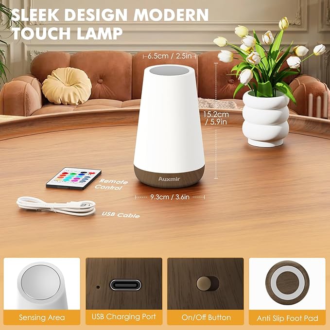 Auxmir Rechargeable LED Night Light, Touch & Remote Control Bedside Lamp with 13 Colors, 5 Brightness Levels, Portable Table Lamp for Kids Baby Nursery, Bedroom, Bathroom, Camping, Dark Brown